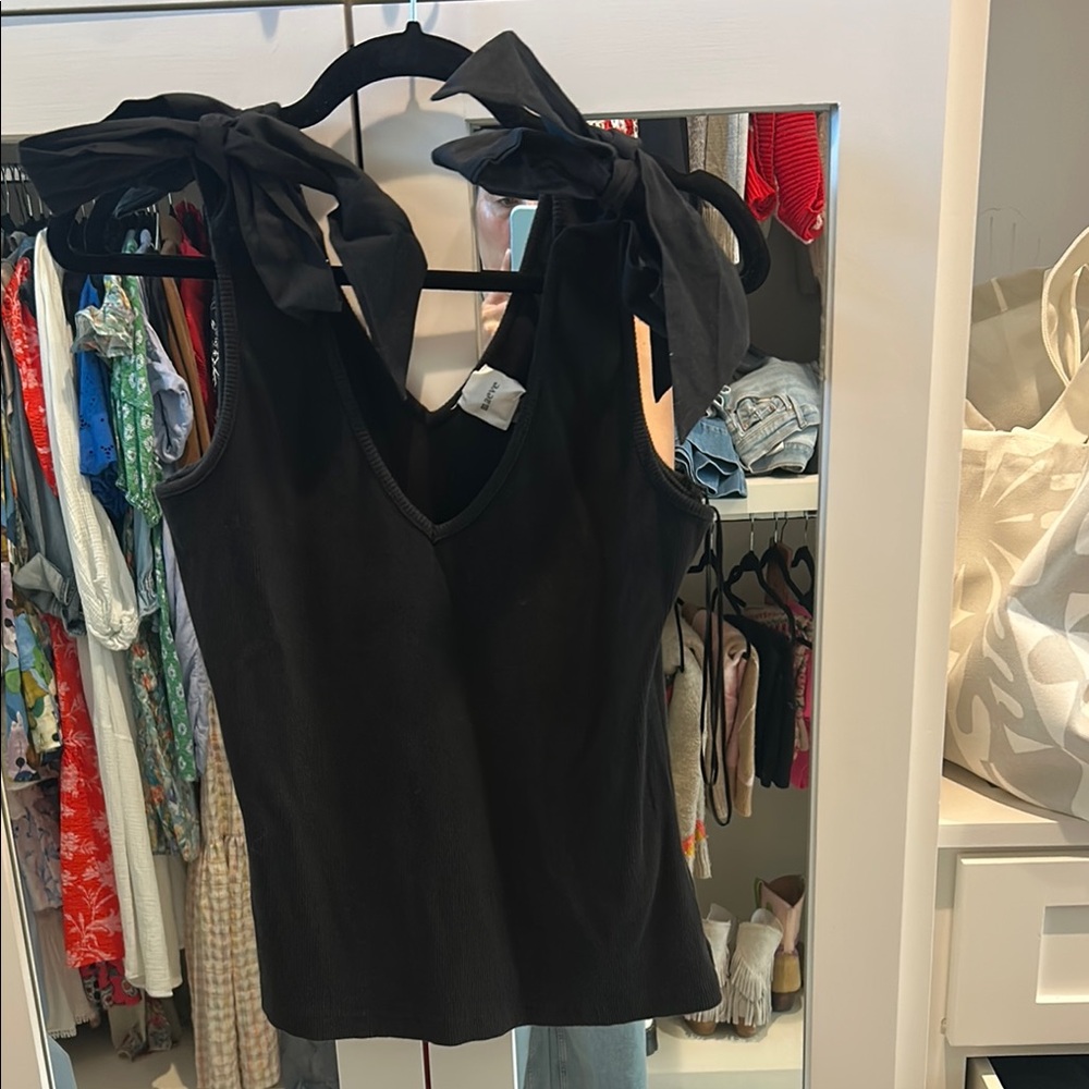 Maeve Black Fitted Sleeveless Tank Top with Tie Front